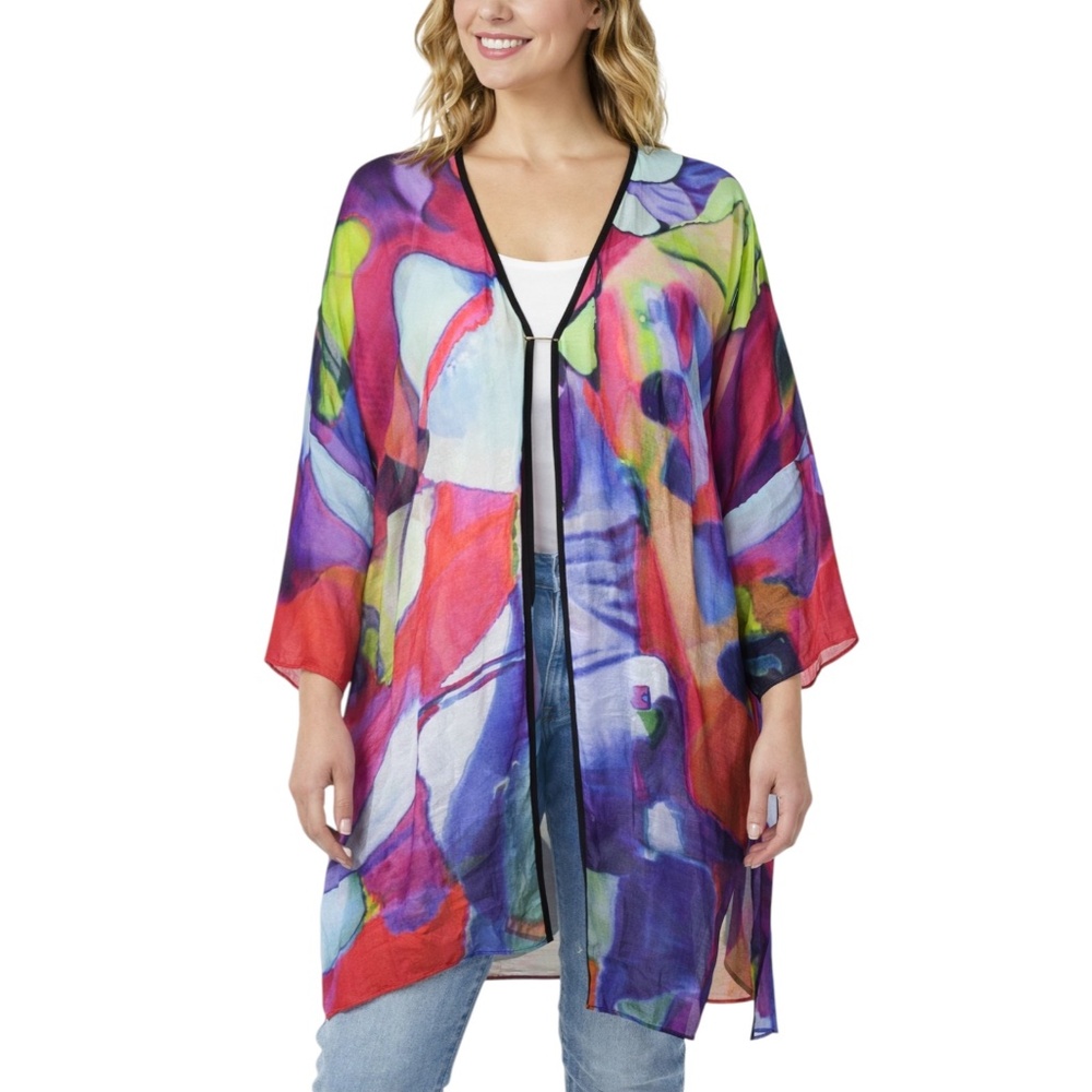 Dilemma Dhun Shroff Abstract Art Tunic Top Rayon Kimono Lagenlook Boho One Size